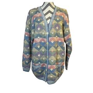 Marsh Landing Hand Knit 90's Vintage Cardigan Sweater Grandma Colorblock Medium